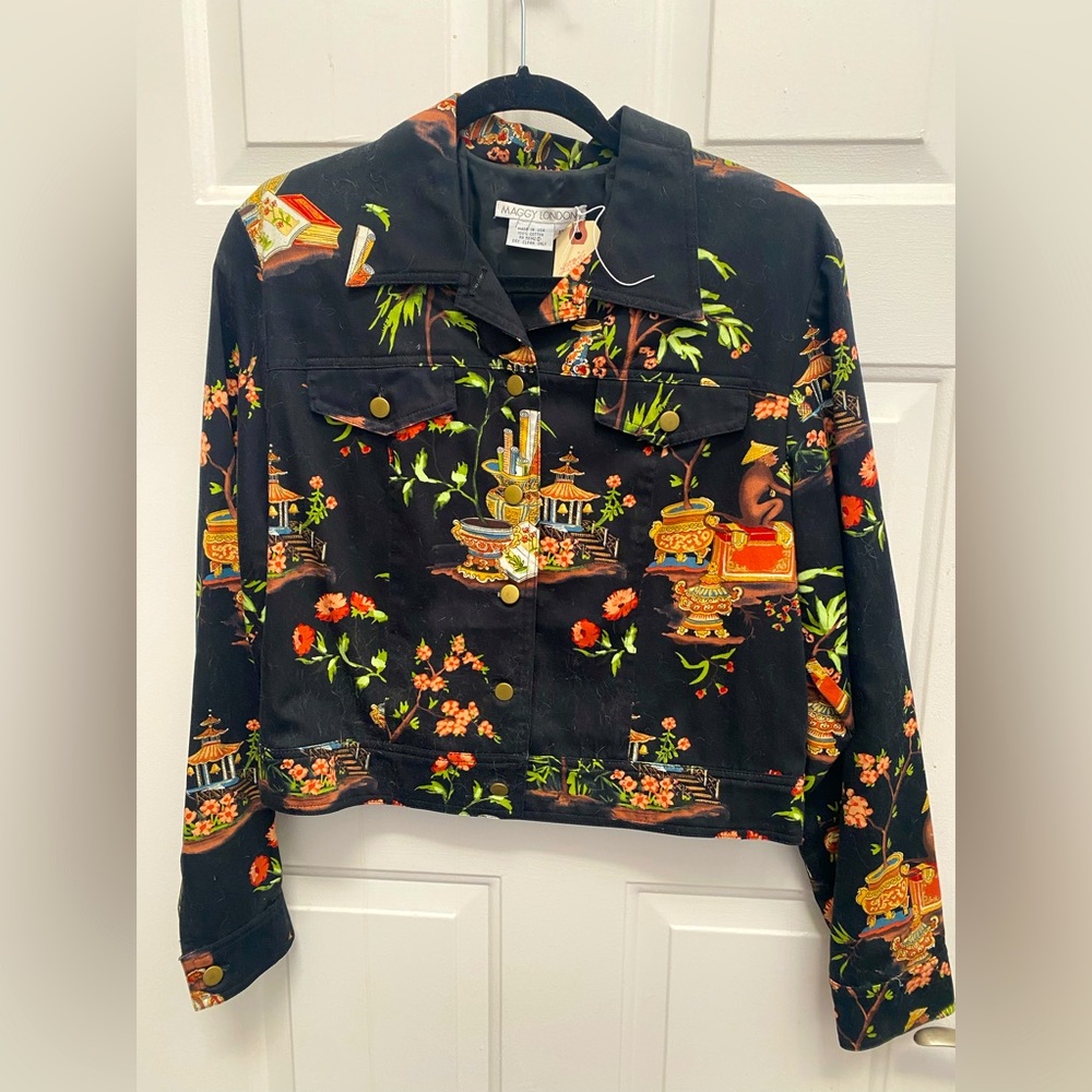 Vintage Maggy London Cropped Asian Fabric Jacket Size 12